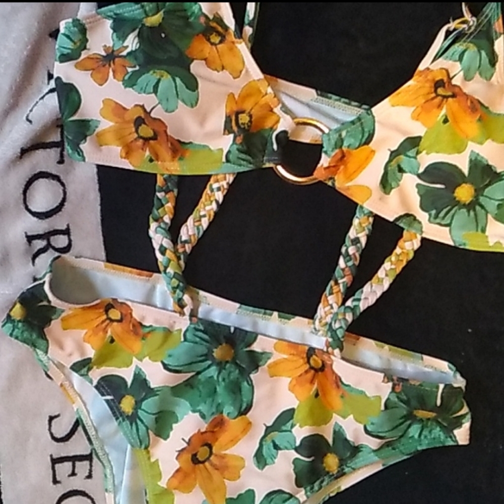 NEW HIGH WAIST OPEN FRONT / BACK BRAIDED WAIST ONE PC BATHING SUIT SZ LG